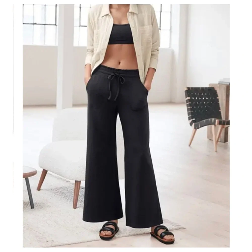 Wide Leg Relaxed French Terry Drawstring Raw Edge Hem Pants - Picture 1 of 5